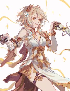 Rule 34 | 1girl, aglaea (honkai: star rail), aglaea (honkai: star rail) (cosplay), bare shoulders, blonde hair, bracelet, breast tattoo, breasts, cleavage, commentary, cosplay, cowboy shot, dress, english commentary, flower, garmentmaker (honkai: star rail), genshin impact, gold bracelet, gold choker, hair flower, hair ornament, highres, holding hands, honkai: star rail, honkai (series), jewelry, laurel crown, looking at viewer, lumine (genshin impact), medium breasts, mihoyo, parted lips, peatchoune, short hair with long locks, simple background, solo focus, tattoo, thigh strap, white background, white dress, yellow eyes