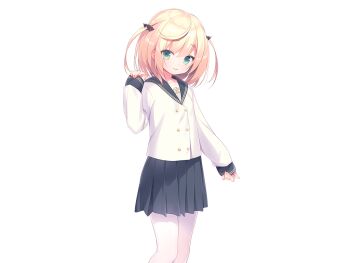 1girl :3 black_sailor_collar black_skirt blonde_hair closed_mouth feet_out_of_frame game_cg green_eyes hand_up large_variant_set long_sleeves looking_at_viewer mainichi_kiss_shite_lolita mihato_(mainichi_kiss_shite_lolita) miniskirt non-web_source pantyhose piyodera_mucha pleated_skirt sailor_collar school_uniform serafuku short_hair simple_background sitting skirt sleeves_past_fingers sleeves_past_wrists smile solo tachi-e transparent_background two_side_up variant_set white_pantyhose