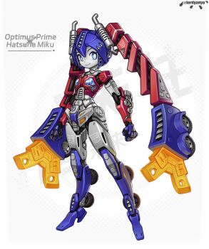 blue_eyes commentary english_commentary from_side fusion hatsune_miku highres long_hair looking_at_viewer lordyanyu mechanical_hair mechanization optimus_prime red_shirt robot shirt simple_background smile standing transformers twintails very_long_hair vocaloid wheel white_background worldwide_miku