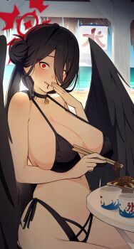 Rule 34 | 1girl, bikini, black bikini, black choker, black hair, black wings, blue archive, blush, breasts, choker, chopsticks, cross halo, eating, feathered wings, front-tie bikini top, front-tie top, hair between eyes, hair over one eye, halo, hasumi (blue archive), hasumi (swimsuit) (blue archive), highleg, highleg bikini, highres, holding, holding chopsticks, huge breasts, long hair, long hair between eyes, looking at viewer, low wings, navel, official alternate costume, official alternate hairstyle, outdoors, oversized wings, pyytato, red eyes, red halo, sitting, solo, swimsuit, wings