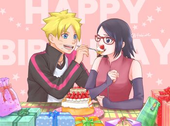 Rule 34 | 1boy, 1girl, birthday cake, black hair, black jacket, blonde hair, blue eyes, boruto: naruto next generations, box, cake, commentary request, detached sleeves, facial mark, feeding, food, food on face, fork, fruit, gift, gift box, happy birthday, highres, holding, holding fork, jacket, jewelry, matsu (fu6ide2), medium hair, naruto (series), necklace, one eye closed, open mouth, pink background, plate, red-framed eyewear, sleeves past wrists, smile, star (symbol), strawberry, twitter username, uchiha sarada, uzumaki boruto, whisker markings