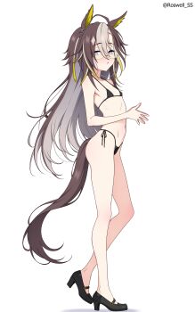 1girl absurdres animal_ears bikini black_bikini black_hair black_tail blush breasts closed_mouth colored_inner_animal_ears colored_inner_hair commentary_request dream_journey_(umamusume) from_side glasses grey_hair high_heels highres horse_ears horse_girl horse_tail long_hair looking_at_viewer micro_bikini multicolored_hair purple_eyes rimless_eyewear roswell_ss simple_background small_breasts solo standing steepled_fingers streaked_hair swimsuit tail umamusume very_long_hair white_background
