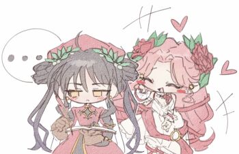 2girls ahoge bigu_uuu black_hair black_sleeves blush blush_stickers brown_gloves dante_alighieri_(hell_maiden) dress earrings flower gloves hair_flower hair_ornament hair_rings hat heart hell_maiden jewelry laurels long_hair multiple_girls pink_hair red_dress red_flower red_hat red_rose rose sidelocks simple_background very_long_hair virgil_(hell_maiden) white_background white_dress