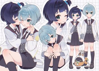 1boy 1girl ;) aged_down ahoge bangboo_(zenless_zone_zero) belle_(zenless_zone_zero) black_shorts black_skirt black_socks blue_hair closed_eyes commentary_request dosei eous_(zenless_zone_zero) fingernails green_eyes grey_hair highres kneehighs knees_up multiple_views necktie one_eye_closed one_side_up shoes shorts skirt smile socks striped_clothes striped_necktie v wise_(zenless_zone_zero) zenless_zone_zero