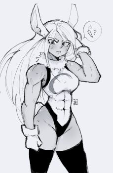 1girl ? animal_ears arm_behind_head boku_no_hero_academia breasts carrot commentary covered_abs covered_navel cowboy_shot gloves greyscale groin heattech_leotard highleg highleg_leotard highres large_breasts leotard long_hair looking_at_viewer mirko monochrome parted_bangs parted_hair parted_lips rabbit_ears rabbit_girl rabbit_tail simple_background solo spoken_food spoken_question_mark tail toned toned_female turtleneck white_background widisu