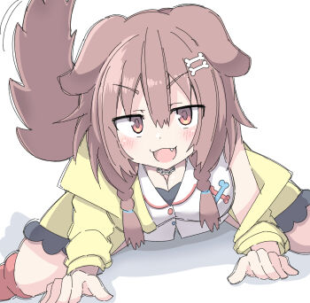 1girl animal_ears bone_hair_ornament braid breasts brown_eyes brown_hair cardigan cartoon_bone cleavage commentary dog_ears dog_girl dog_tail dress fang hair_ornament highres hololive inugami_korone inugami_korone_(1st_costume) large_breasts long_hair long_sleeves looking_at_viewer open_mouth puffy_long_sleeves puffy_sleeves red_thighhighs solo tail tail_wagging thighhighs twin_braids umberblack v-shaped_eyebrows virtual_youtuber white_dress yellow_cardigan