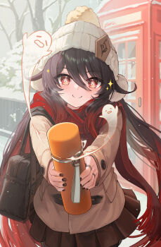1girl alternate_costume bag beanie black_nails blush boo_tao_(genshin_impact) brown_hair brown_jacket brown_skirt closed_mouth commentary_request flower-shaped_pupils genshin_impact hat highres holding_thermos hu_tao_(genshin_impact) jacket jewelry long_hair looking_at_viewer multiple_rings outdoors pioko pleated_skirt pom_pom_(clothes) pom_pom_beanie reaching reaching_towards_viewer red_eyes red_scarf red_telephone_box_(british) ring scarf shoulder_bag skirt smile snow snowing solo sparkle symbol-shaped_pupils thermos white_hat