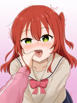 2girls bocchi_the_rock! bow bowtie brown_shirt female_pov finger_in_another&#039;s_mouth gotoh_hitori gradient_background green_eyes heart heart-shaped_pupils highres jacket kita_ikuyo looking_at_viewer multiple_girls ohhoai one_side_up open_mouth pink_background pink_bow pink_bowtie pink_jacket pov red_hair saliva school_uniform shirt shuka_high_school_uniform symbol-shaped_pupils tongue tongue_out white_background yukiyama3776m yuri