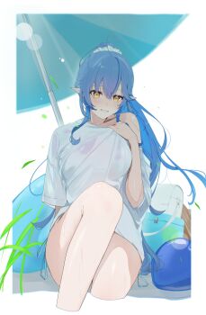 Rule 34 | 1girl, absurdres, ahoge, beach umbrella, blue hair, border, breasts, cropped legs, crossed bangs, edge ill, elf, hair between eyes, hand up, hashtag-only commentary, heart, heart ahoge, highres, hololive, knee up, long hair, looking at viewer, multicolored hair, outside border, pointy ears, shirt, sitting, smile, solo, streaked hair, umbrella, virtual youtuber, wet, wet clothes, wet shirt, white border, white shirt, yellow eyes, yukihana lamy
