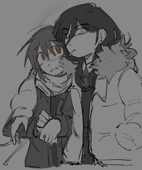 2girls angryandsmall arm_around_shoulder asya_shubina brown_eyes cigarette coat earrings fur-trimmed_jacket fur_trim green_eyes greyscale hair_between_eyes half-closed_eyes hand_in_pocket hashtag-only_commentary highres ira_grachevskaya jacket jewelry limited_palette long_hair looking_at_another monochrome multiple_girls parted_lips scarf serious short_hair upper_body worried yellow_pupils z.a.t.o._//_i_love_the_world_and_everything_in_it