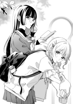 2girls backpack bag bag_charm bespectacled blunt_bangs book branch charm_(object) commentary_request cowboy_shot food food_in_mouth glasses greyscale hair_ornament hairclip highres holding holding_book hololive hololive_dev_is jacket juufuutei_raden long_hair long_sleeves looking_over_eyewear looking_to_the_side medium_hair monochrome multiple_girls neckerchief open_book open_clothes open_jacket pleated_skirt pocky pocky_in_mouth round_eyewear sailor_collar saito_shiorii school_bag school_uniform serafuku skirt sleeves_past_fingers sleeves_past_wrists standing todoroki_hajime turtleneck two_side_up undershirt virtual_youtuber white_background