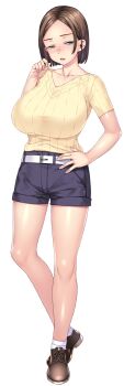 1girl akihara_shiho belt breasts brown_hair brown_shoes collarbone denim denim_shorts freckles full_body green_eyes half-closed_eyes hand_on_own_hip hand_up head_tilt huge_breasts knees medium_hair open_mouth parted_bangs ribbed_shirt serious sexfri_osananajimi shirt shirt_tucked_in shoes short_shorts short_sleeves shorts sidelocks simple_background socks standing sumeragi_kohaku taut_clothes taut_shirt transparent_background v-neck white_belt white_socks