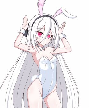 1girl albino animal_ear_hairband animal_ears blue_archive bow bowtie breasts chagama_(tyagama0927) commentary_request contrapposto cowboy_shot detached_collar fake_animal_ears hairband half_updo kei_(blue_archive) kei_(new_body)_(blue_archive) leotard long_hair looking_at_viewer playboy_bunny rabbit_ears rabbit_pose rabbit_tail red_eyes ringed_eyes simple_background small_breasts solo standing strapless strapless_leotard tail variant_set very_long_hair white_background white_bow white_bowtie white_hair white_leotard wrist_cuffs