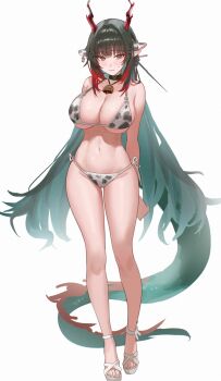 Rule 34 | 1girl, absurdres, alternate costume, animal print, arknights, arknights: endfield, bikini, black hair, breasts, cleavage, closed mouth, commentary request, cow print, cow print bikini, dragon girl, dragon horns, dragon tail, eastern dragon horns, eastern dragon tail, green eyes, green hair, highres, horns, large breasts, long hair, multicolored hair, pointy ears, print bikini, red hair, red horns, smile, solo, swimsuit, tail, uof, zhuang fangyi (arknights)