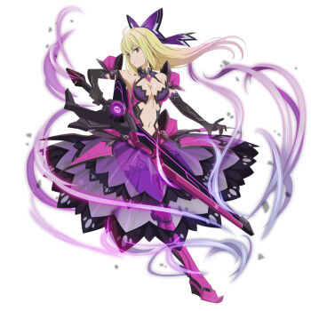 1girl aiz_wallenstein anime_coloring armored_boots bare_shoulders black_gloves blonde_hair boots bow breasts brown_eyes cleavage clothing_cutout danmachi_memoria_freese date_a_live dress dungeon_ni_deai_wo_motomeru_no_wa_machigatteiru_darou_ka elbow_gloves full_body gloves hair_bow halter_dress halterneck holding holding_sword holding_weapon inverse_spirit long_hair looking_at_viewer medium_breasts navel official_alternate_costume official_art parted_lips purple_bow purple_dress see-through_clothes see-through_dress solo stomach stomach_cutout sword third-party_source weapon white_background yatogami_tenka