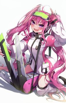 1girl bemani black_thighhighs boots goggles goggles_on_head grace_(sound_voltex) hair_between_eyes highres jacket long_hair looking_at_viewer multicolored_jacket pink_hair pink_jacket simple_background solo sound_voltex thigh_boots thighhighs thighs twintails two-tone_jacket white_background white_jacket yashin