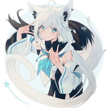 Rule 34 | 1girl, ahoge, animal ear fluff, animal ear piercing, animal ears, aqua eyes, bare shoulders, black shorts, black tail, blue neckerchief, braid, cropped legs, crossed bangs, detached sleeves, double-parted bangs, double fox shadow puppet, earrings, extra ears, fox ears, fox girl, fox shadow puppet, fox tail, front slit, highres, hololive, hood, hoodie, jewelry, key, long hair, looking at viewer, low-tied long hair, multicolored tail, nagishiro mito, navel, neckerchief, pentagram, sailor collar, shirakami fubuki, shirakami fubuki (1st costume), shorts, side braid, sidelocks, simple background, single braid, single earring, solo, tail, virtual youtuber, white background, white hair, white hoodie, white tail, wide sleeves