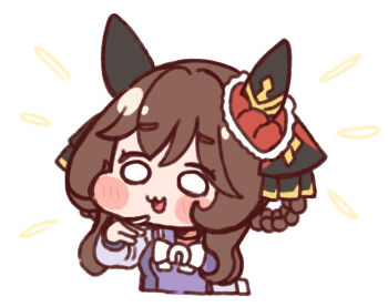 Rule 34 | 1girl, :3, :d, animal ears, blush stickers, bow, bowtie, braid, braided hair rings, brown hair, chibi, chibi only, commentary request, cropped torso, gentildonna (umamusume), hair ribbon, hair rings, hand up, horse ears, horse girl, horseshoe ornament, long hair, long sleeves, o o, open mouth, rakugakiraid, ribbon, school uniform, serafuku, simple background, smile, solo, tracen school uniform, umamusume, white background, white bow, white bowtie, winter uniform