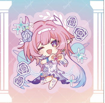 1girl blue_flower blue_rose chibi chibi_only commentary_request cyrene_(honkai:_star_rail) diamond-shaped_pupils diamond_(shape) dress flower hair_flower hair_ornament heart heart_hands honkai:_star_rail honkai_(series) looking_at_viewer one_eye_closed open_mouth pillar pink_hair pointy_ears rose sample_watermark shiba_(tonari_no_shiba_inu) sidelocks smile solo symbol-shaped_pupils watermark watermark_grid white_dress