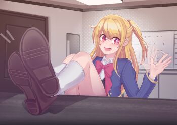 1girl blonde_hair feet_on_table galiter highres hoshino_ruby long_hair looking_at_viewer open_mouth oshi_no_ko red_eyes shoes side_ponytail socks waving white_socks
