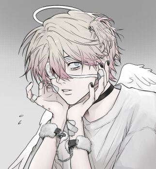 Rule 34 | 1boy, aegyo sal, angel, angel (killer chat), bandaged arm, bandages, black nails, blonde hair, blue eyes, bound, bound wrists, collar, colored tips, commentary, english commentary, eyepatch, feathered wings, fuzzy handcuffs, genderswap, genderswap (ftm), gradient hair, halo, hand on own face, highres, killer chat!, male focus, medical eyepatch, multicolored hair, one eye covered, parted lips, pink hair, shirt, sixxmode, solo, two side up, upper body, white shirt, white wings, wings