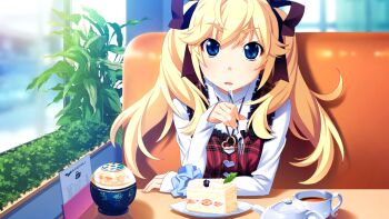 1girl arm_rest black_ribbon blonde_hair blue_eyes blue_scrunchie booth_seating cake chair cup day dress elbow_rest eyeliner food fork game_cg grisaia_(series) grisaia_no_meikyuu hair_ribbon heart heart_necklace holding holding_fork indoors jewelry large_variant_set long_hair long_sleeves looking_at_viewer makeup menu necklace non-web_source on_chair parted_lips plaid_clothes plaid_dress plant plate red_dress red_eyeliner restaurant ribbon scrunchie shirt sitting sleeveless sleeveless_dress sleeves_past_wrists solo strawberry_cake table tea teacup teapot turtleneck turtleneck_shirt twintails variant_set watanabe_akio white_shirt wind wrist_scrunchie
