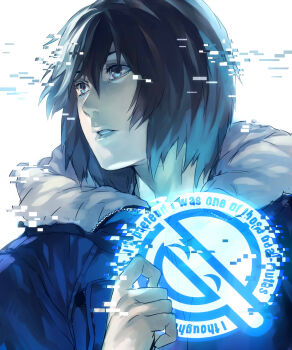 1boy 1girl aoi_(gits) blue_eyes blue_hair female_focus ghost_in_the_shell ghost_in_the_shell:_stand_alone_complex highres irohara_mitabi jacket kusanagi_motoko laughing_man_(gits) lips male_focus matching_hair/eyes short_hair solo