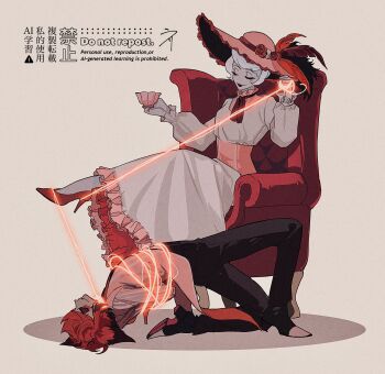 1boy 1girl alastor_(hazbin_hotel) black_pants collared_shirt commentary dress hazbin_hotel hellaverse highres long_dress pants pink_shirt red_hair rosie_(hazbin_hotel) sharp_teeth shirt short_hair symbol-only_commentary teeth uri_(ut111) white_dress white_hair