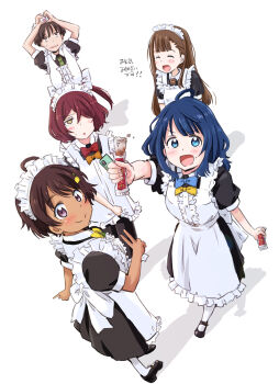 1boy 4girls absurdres ahoge alternate_costume apron black_dress black_hair blue_eyes blue_hair brown_hair chikuwa crossdressing dark-skinned_female dark_skin dress enmaided food heart heart_hands highres k-on! komari_chika long_hair maid maid_headdress make_heroine_ga_oo_sugiru! maruyo multiple_girls nukumizu_kaju nukumizu_kazuhiko one_side_up parody purple_eyes red_hair short_hair white_apron yakishio_lemon yanami_anna