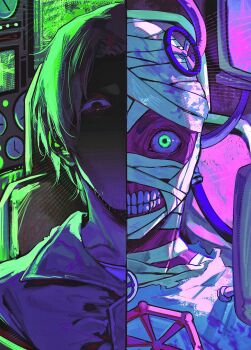 2boys a-kai202 bandaged_head bandages brown_hair commentary curly_(mouthwashing) curly_(post-crash)_(mouthwashing) english_commentary facial_hair goatee_stubble green_eyes half-closed_eyes highres jimmy_(mouthwashing) looking_at_viewer male_focus mouthwashing multiple_boys no_mouth portrait shaded_face short_hair split_screen stubble wide-eyed