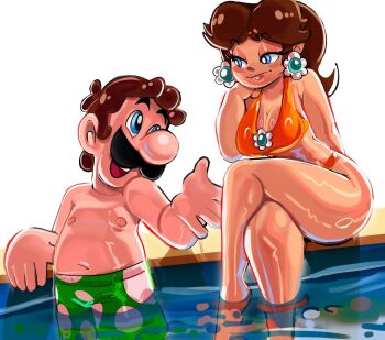 ass bare_hips bare_legs barefoot bikini blue_eyes bra brown_hair curvy earrings facial_hair feet flipped_hair green_short homartsimpleton jewelry legs luigi mario_(series) mustache nintendo pool princess princess_daisy shorts sitting smile swimsuit thong_bikini tomboy underwear water yellow_bikini