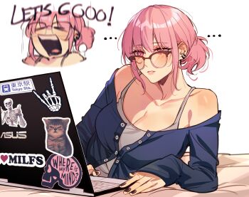 ... 1girl alternate_costume amlichan at_computer black_nails blue_sweater blush breasts camisole commentary computer ear_piercing english_commentary fingernails glasses grey_camisole heart highres hololive hololive_english laptop large_breasts let's_fucking_go_(meme) long_fingernails looking_over_eyewear lying meme mori_calliope nail_polish off-shoulder_sweater off_shoulder on_side over-rim_eyewear parted_lips piercing pink_eyes pink_hair semi-rimless_eyewear sleeves_past_wrists solo sticker sweater teeth virtual_youtuber white_background