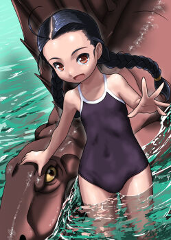 1girl black_hair black_one-piece_swimsuit braid brown_eyes competition_school_swimsuit covered_navel dimetrodon dinosaur dutch_angle flat_chest forehead highres long_hair low_twin_braids low_twintails one-piece_swimsuit original rohitsuka school_swimsuit swimsuit twin_braids twintails wading water