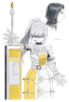 1boy 1girl absurdres albina_(project_moon) android armor armored_dress asdf1211950 black_eyes black_hair blood blood_on_face dress gauntlets gloves greatsword heterochromia high_ponytail highres limbus_company long_hair looking_at_viewer ponytail project_moon ren_(project_moon) solo_focus sword weapon white_dress white_gloves white_hair