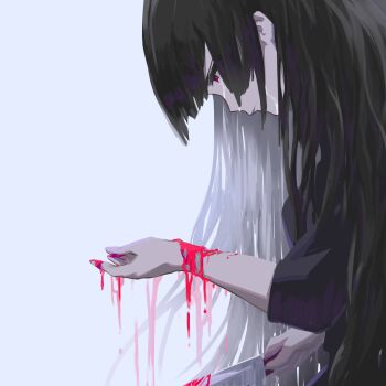 1girl absurdres bakage black_hair bleeding blood blood_on_hands bloody_knife closed_mouth commentary expressionless facing_down from_side grey_background head_down highres hime_cut holding holding_knife kitchen_knife knife long_hair looking_at_hand looking_down original profile red_eyes self-harm simple_background solo straight_hair symbol-only_commentary tears three-quarter_sleeves wrist_cutting