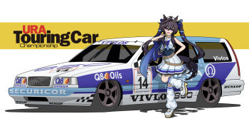 :3 absurdres animal_ears car dunlop earrings highres horse_ears horse_girl horse_tail jewelry kano_(nakanotakahiro1029) motor_vehicle purple_eyes race_vehicle racecar racing simple_background skirt sports_car tail twintails umamusume vivlos_(umamusume) volvo volvo_850