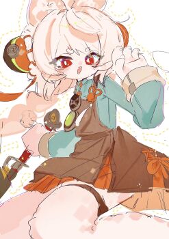 1girl ahoge animal_ear_fluff animal_ear_piercing animal_ears braid braided_twintails bright_pupils green_shirt highres long_hair looking_at_viewer o-ring_necktie open_mouth pink_fur pink_hair rabbit_ears rabbit_girl red_eyes shirt short_eyebrows siomimi solo thick_eyebrows white_pupils zenless_zone_zero zhao_(zenless_zone_zero)