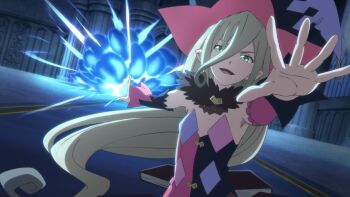 1girl artist_request asymmetrical_sleeves black_sleeves blonde_hair book canon_event commentary detached_sleeves english_commentary explosion feather_collar game_asset green_eyes hair_between_eyes hat indoors long_hair looking_at_viewer magilou_(tales) mismatched_sleeves multicolored_hat multicolored_sleeves official_art open_mouth pink_sleeves pointy_ears smile solo tales_of_(series) tales_of_berseria tales_of_the_rays third-party_source two-tone_sleeves uneven_sleeves upper_body very_long_hair witch_hat