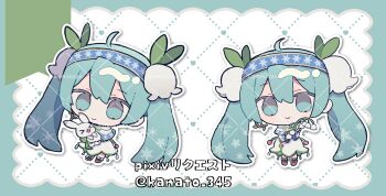 Rule 34 | 1girl, blue eyes, blue hair, chibi, chibi only, closed mouth, commentary, commission, double-parted bangs, dress, flower, full body, hair between eyes, hatsune miku, highres, kanamochi kanato, lily of the valley, long hair, long sleeves, looking at viewer, multiple views, pixiv commission, rabbit yukine, smile, standing, twintails, twitter username, vocaloid, white dress, yuki miku, yuki miku (2015)