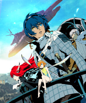 Rule 34 | 2boys, 2girls, absurdres, aqua eyes, bare shoulders, barefoot, battleship, blue eyes, blunt bangs, coat, fairy, fairy wings, gallica (metaphor: refantazio), hair over one eye, heterochromia, highres, holstered, horns, hulkenberg (metaphor: refantazio), leotard, long hair, metaphor: refantazio, military vehicle, multiple boys, multiple girls, official art, on railing, open mouth, pointy ears, protagonist (metaphor: refantazio), railing, red hair, ship, short hair, sitting, sky, soejima shigenori, strohl (metaphor: refantazio), sword, warship, watercraft, weapon, white coat, wings, yellow coat