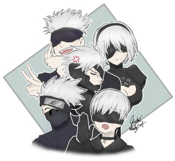 1girl 2b_(nier:automata) 4boys 9s_(nier:automata) artist_name blindfold blush breasts chris-thekid closed_eyes collage collar covered_mouth crossover cyborg eyepatch gojou_satoru hand_on_own_chin hatake_kakashi jujutsu_kaisen metal_gear_(series) metal_gear_rising:_revengeance multiple_boys multiple_crossover naruto_(classic) naruto_(series) nier:automata nier_(series) open_mouth raiden_(metal_gear) signature smile square v