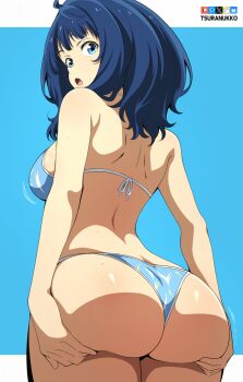 1girl :o ass ass_focus bikini blue_bikini blue_eyes blue_hair breasts from_behind grabbing_own_ass hands_on_own_ass huge_ass large_breasts legs looking_at_viewer looking_back make_heroine_ga_oo_sugiru! medium_hair open_mouth sideboob simple_background solo swimsuit thighs thong_bikini tsuranukko wide_hips yanami_anna