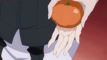 00s 1boy 2girls animated animated_gif asura_cryin&#039; blush breasts food fruit grabbing_another&#039;s_breast groping long_hair multiple_girls open_mouth orange_(fruit) ponytail purple_hair takatsuki_kanade