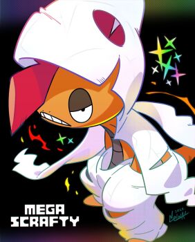 colored_skin gen_5_pokemon hands_in_pockets hashtag-only_commentary highres hood hood_up hoodie mega_pokemon mega_scrafty mohawk nelnal nintendo no_humans open_mouth orange_skin pants pokemon pokemon_(creature) pokemon_focus pokemon_legends:_z-a red_hair sagging_pants scrafty solo star_(symbol) tail teeth torn_clothes torn_pants white_hood white_pants