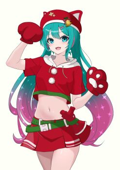Rule 34 | 1girl, absurdres, animal ears, animal hat, aqua eyes, aqua hair, bell, belt, cat ears, cat hat, crop top, fortnite, futatunoniji, gloves, gradient hair, green belt, hair ornament, hairclip, hat, hat bell, hatsune miku, headset, highres, hood, hoodie, long hair, midriff, multicolored hair, navel, neko hatsune miku, open mouth, pink hair, red gloves, red hat, red shirt, red skirt, shirt, short sleeves, skirt, solo, stomach, two-tone hair, vocaloid, white hoodie
