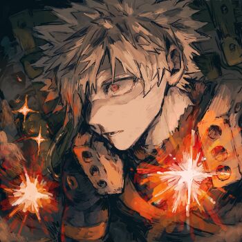 Rule 34 | 1boy, 77 t2w, bakugou katsuki, black shirt, blonde hair, blood, blood on face, boku no hero academia, commentary request, explosion, hair over one eye, highres, injury, male focus, nosebleed, one eye covered, open mouth, parted bangs, red eyes, shirt, short hair, solo, spiked hair, superhero costume, torn clothes, wide-eyed