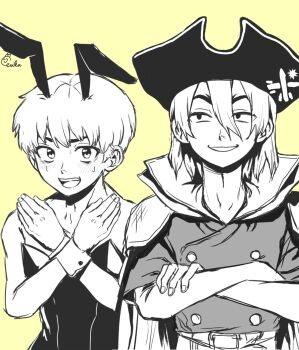 2boys animal_ears blush cape crossed_arms dr._stone eerika1114 fake_animal_ears greyscale_with_colored_background hair_between_eyes hat highres leotard male_focus male_playboy_bunny monochrome multiple_boys nanami_ryuusui open_mouth pirate pirate_hat playboy_bunny rabbit_ears saionji_ukyou short_hair signature smile sweatdrop upper_body wrist_cuffs yellow_background