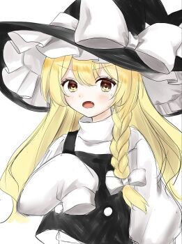 1girl black_hat black_vest blonde_hair blush bow braid fang hair_bow hat hat_bow highres kirisame_marisa looking_at_viewer open_mouth ringo33757 side_braid simple_background single_braid sleeves_past_fingers sleeves_past_wrists solo sweatdrop touhou vest white_background white_bow witch_hat yellow_eyes