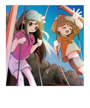 007f89_siyo 1boy 1girl aged_down aubrey_(faraway)_(omori) aubrey_(omori) black_eyes black_hair blue_sky blurry blurry_background border bow brown_hair dark-skinned_male dark_skin day grey_pants highres kel_(faraway)_(omori) kel_(omori) omori outdoors pants pink_bow pink_shirt shirt short_hair short_sleeves shorts sky swing_set t-shirt tree white_border white_shorts