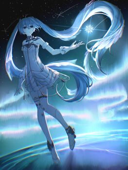 1girl absurdres ahoge aurora ballerina ballet ballet_slippers baqoryyy bare_shoulders blue_eyes blue_hair collarbone commentary_request dress full_body gloves gramophone_miku gramophone_miku_(frostflower) hatsune_miku headset highres ko8_kohachi long_hair miku_symphony_(vocaloid) official_alternate_costume official_alternate_hairstyle parted_lips smile solo strapless strapless_dress tutu twintails vocaloid white_dress white_gloves